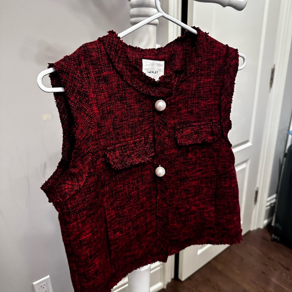 Red Tweed Sleeveless Vest with Pearl Buttons